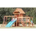 Dolphin Playground Wooden Swing Sets Monkey bar Plank Bridge with Rope Mesh